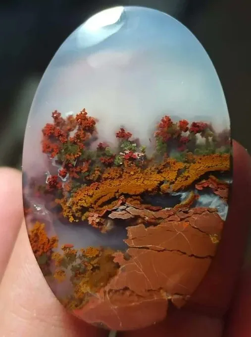 a hand holds an oval-shaped, polished stone that resembles a miniature landscape with red and orange foliage, a winding…