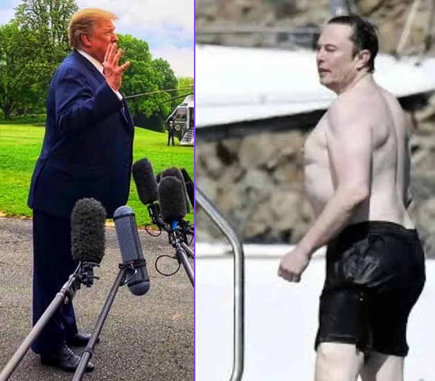 The image is a side-by-side split. On the left, Donald Trump in a blue suit stands outdoors with microphones, gesturing as…