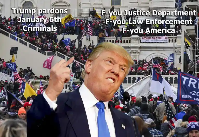 A photo of Donald Trump pointing upward while speaking at a rally, with crowds and flags behind him. Text overlays read…