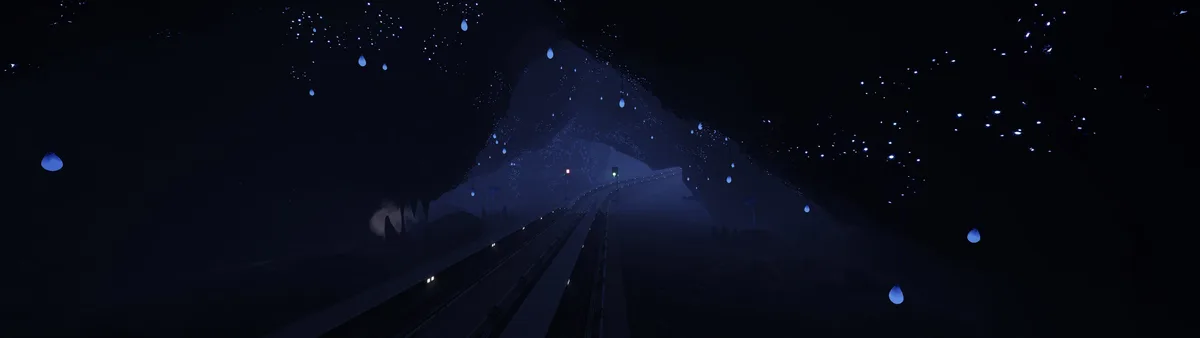 A dark, atmospheric cave scene with glowing blue stalactites and bioluminescent fungi, featuring a train track running…