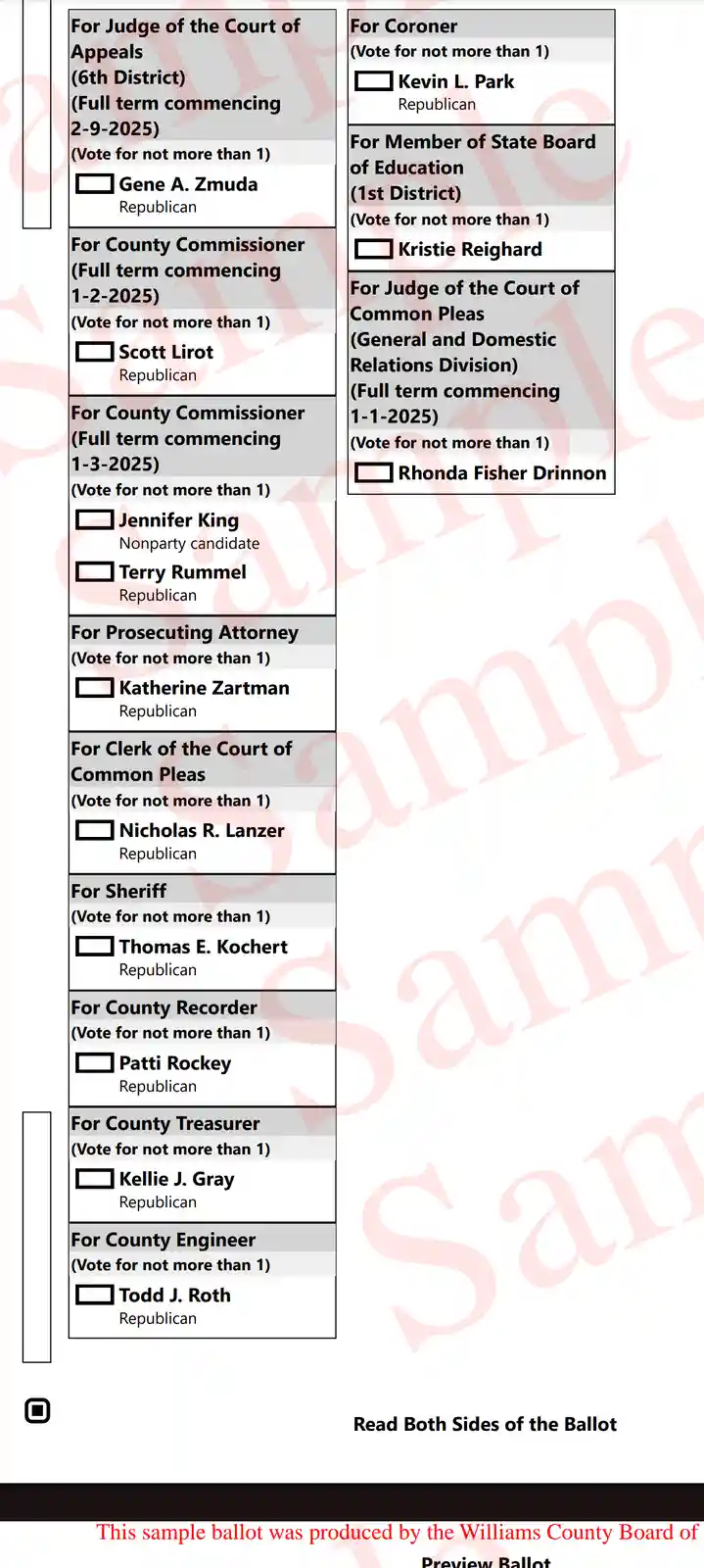 A sample ballot from Williams County, Ohio, displays multiple election races with candidate names and party affiliations…