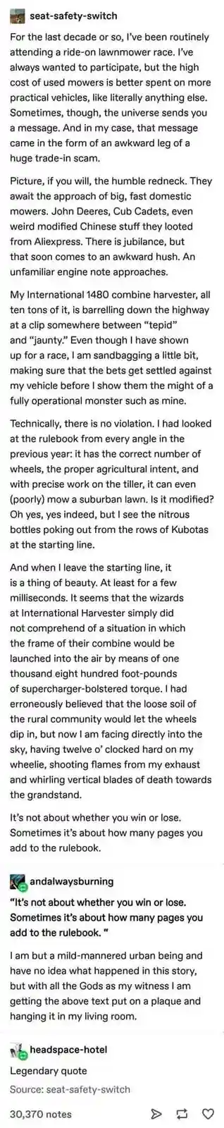 The image displays a screenshot of a long-form text post from a social media platform, likely Tumblr, featuring a humorous…