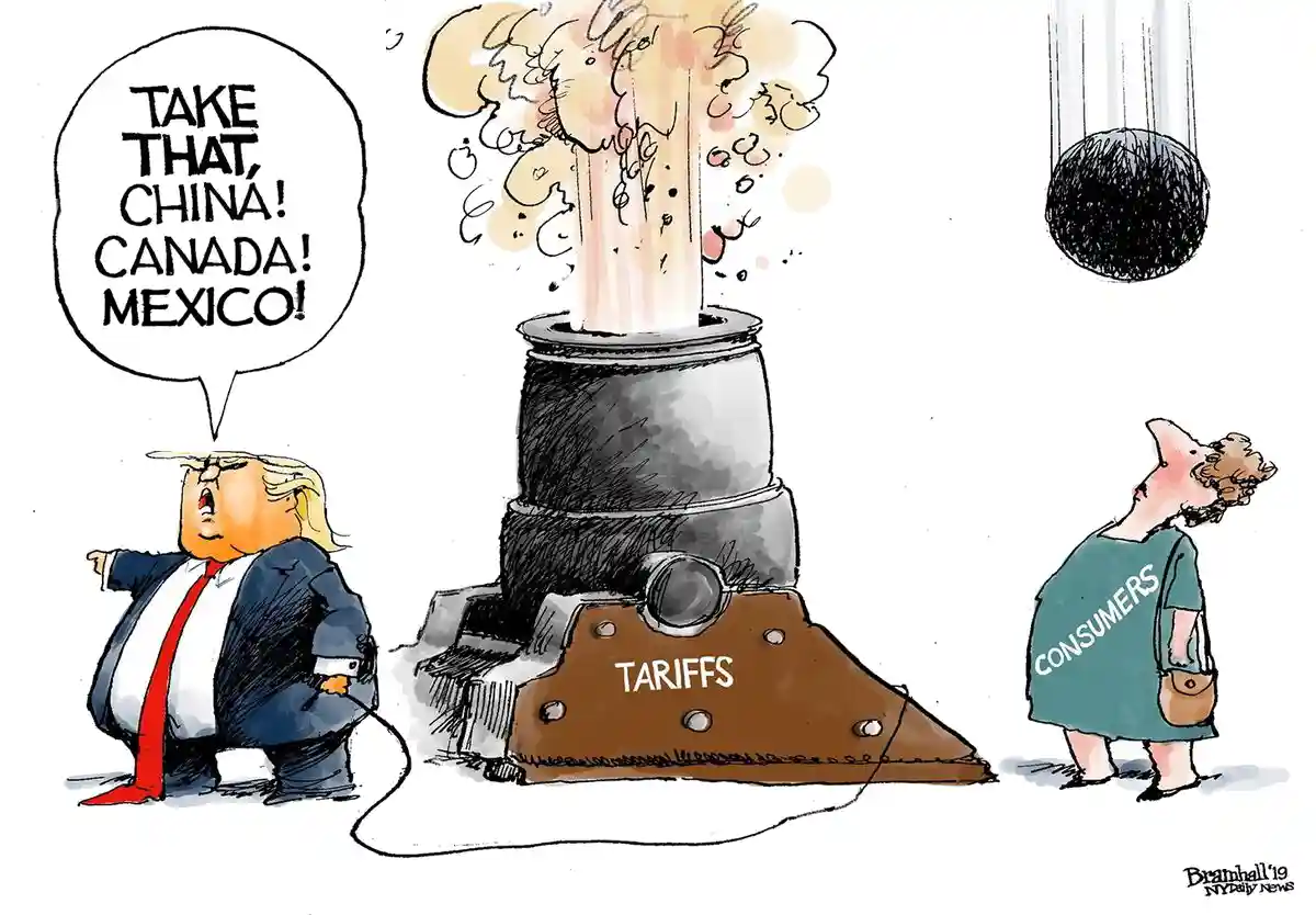 A cartoon depicts a caricature of Donald Trump pointing triumphantly at a large industrial boiler labeled 'TARIFFS' that is…