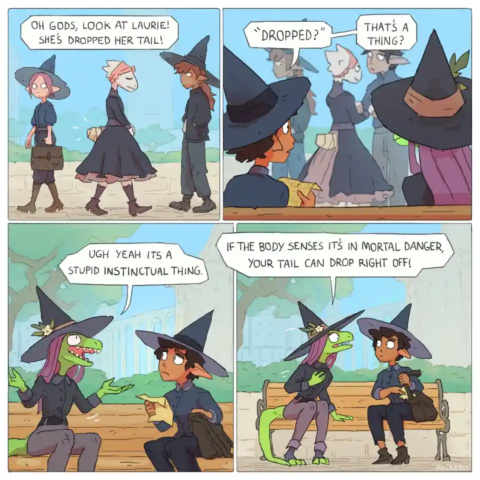 A four-panel comic strip featuring anthropomorphic witch characters. In the first panel, a character exclaims that Laurie…