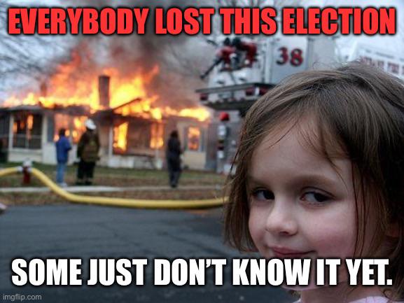 A young girl with a smug, self-satisfied expression is in the foreground, while a house is engulfed in flames with…