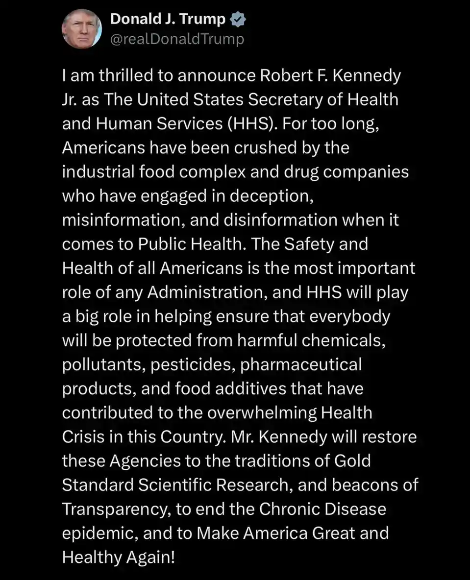 A screenshot of a tweet from Donald J. Trump's verified Twitter account, featuring his profile picture and a long text…