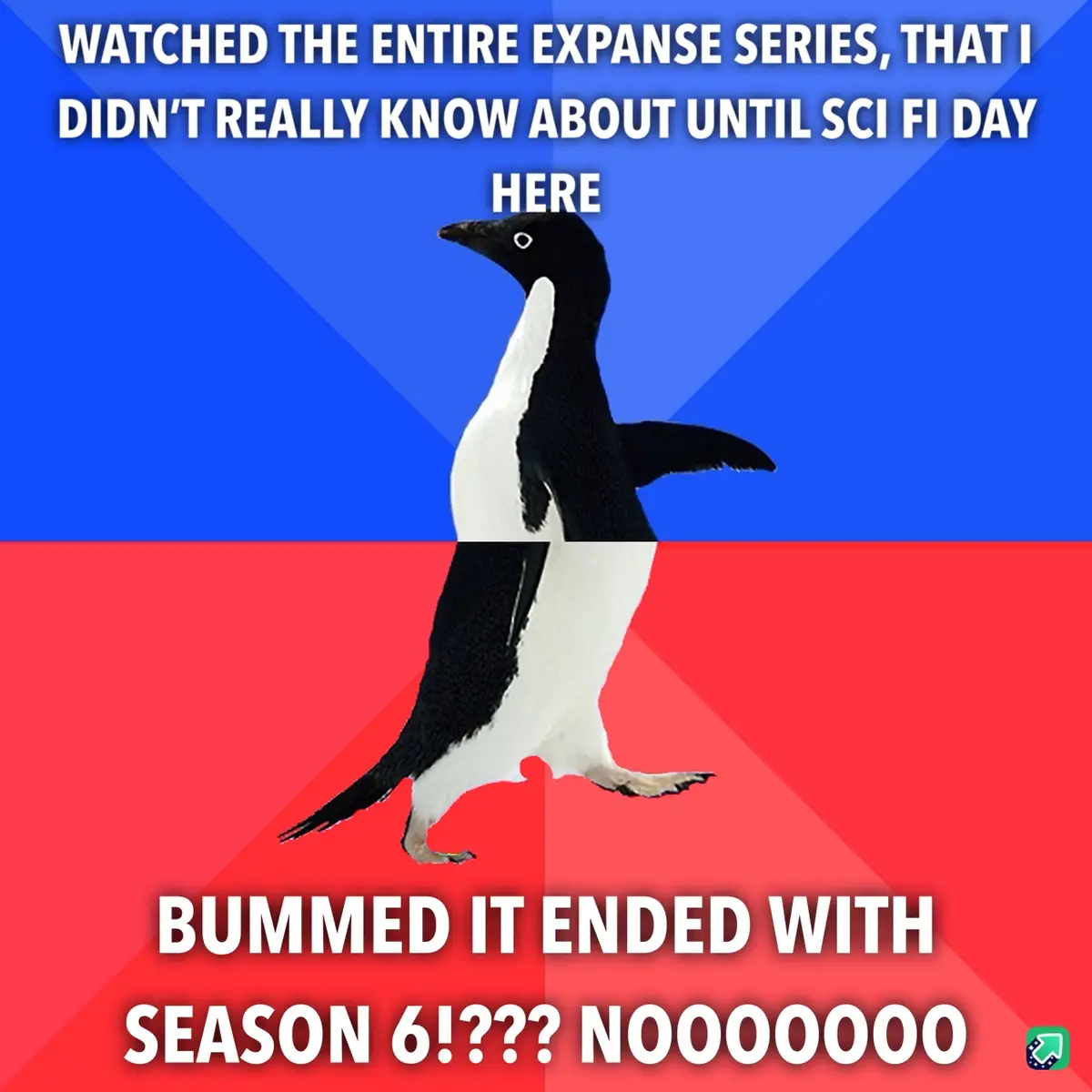 A penguin stands centered against a split blue and red background. White text at the top reads 'WATCHED THE ENTIRE EXPANSE…