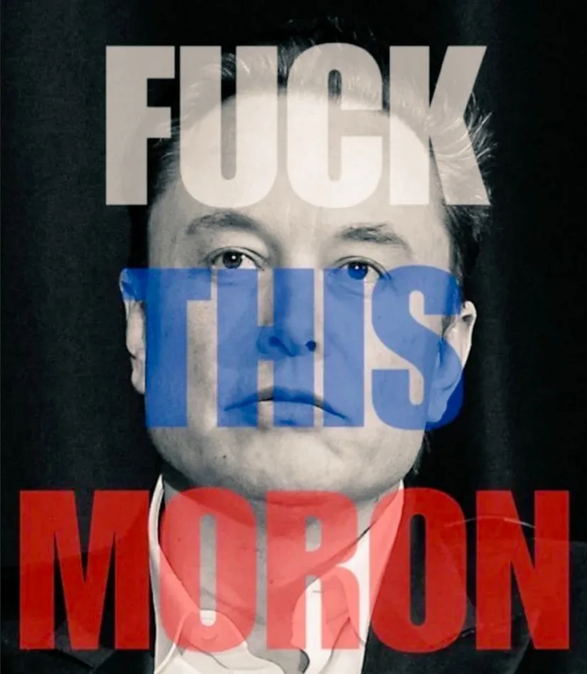 A black-and-white photo of Elon Musk with large, bold text overlaid in three colors: 'FUCK' in white at the top, 'THIS' in…