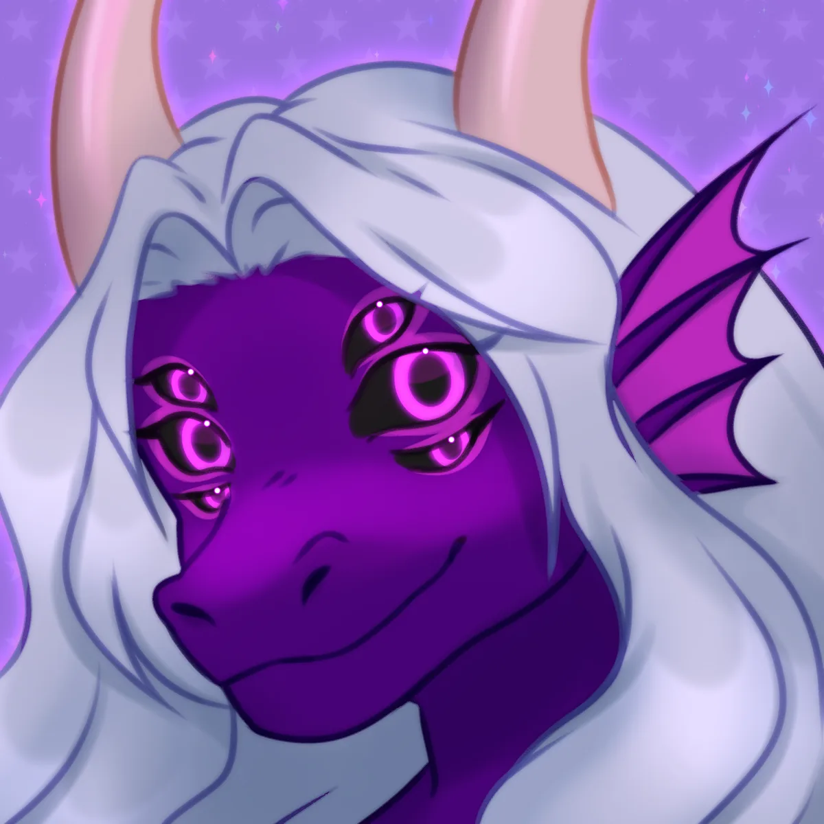 A stylized purple dragon-like creature with long white hair, pink horns, and a purple bat-wing visible on the right side…