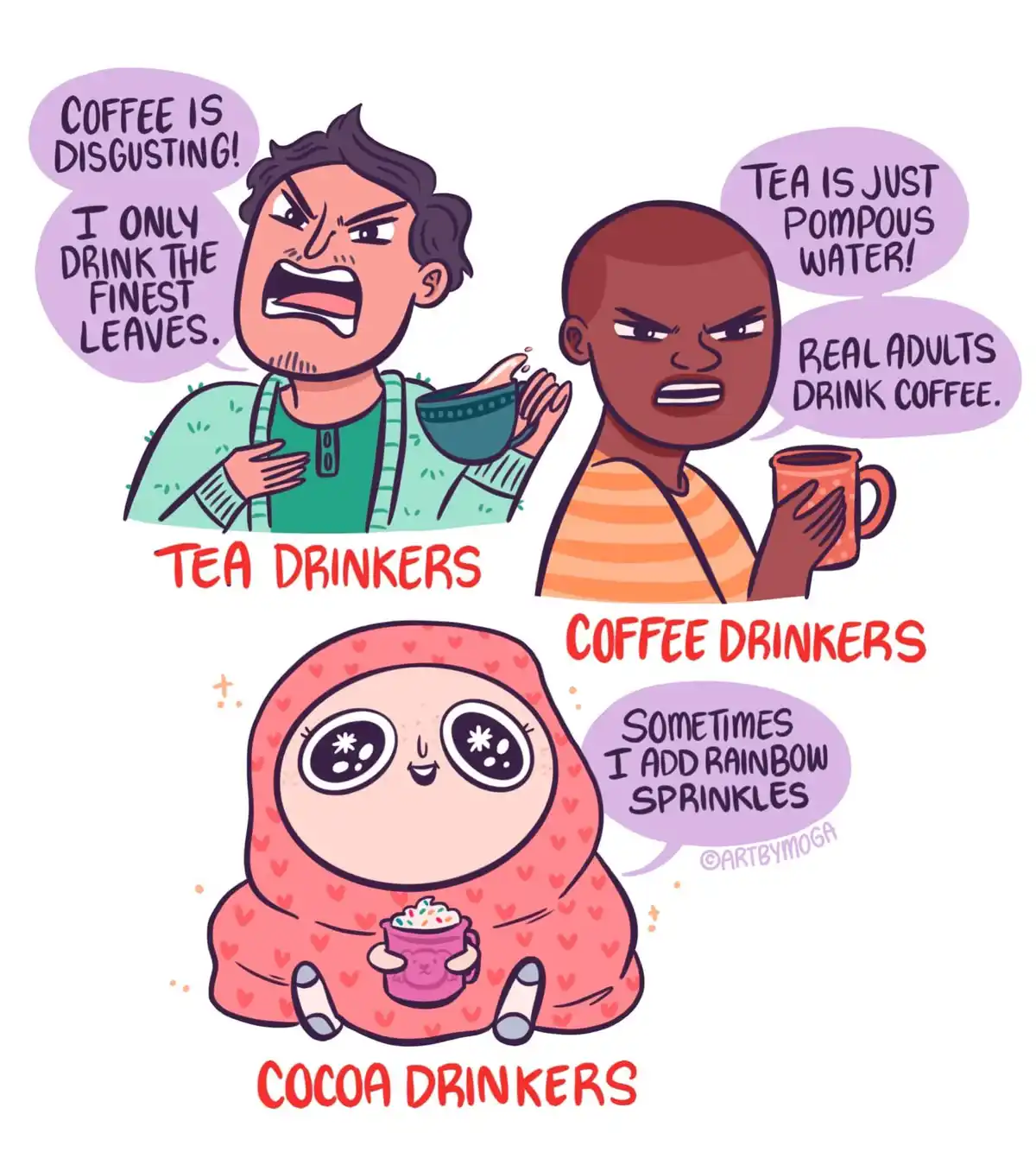The image shows three cartoon characters representing different drink preferences. The top left character, labeled 'TEA…