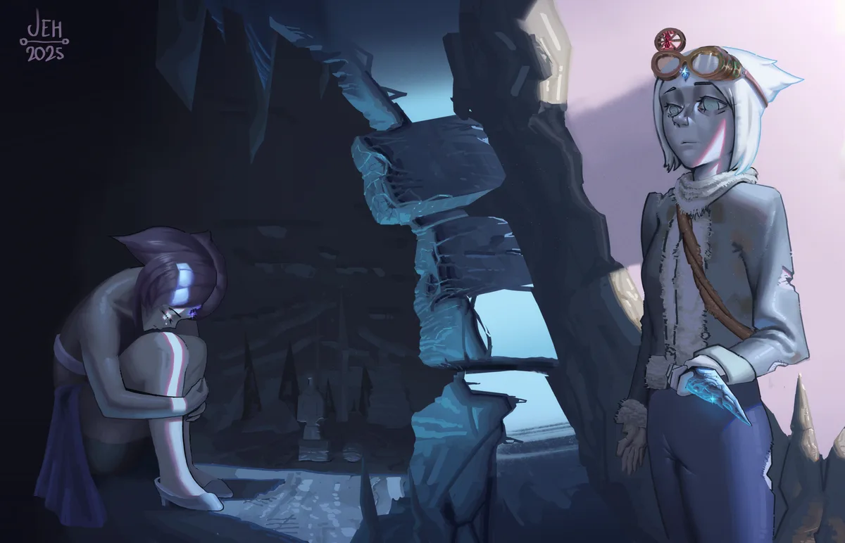 An anime-style illustration shows two characters in a dark, icy cave. One character on the left is hunched over, head down…