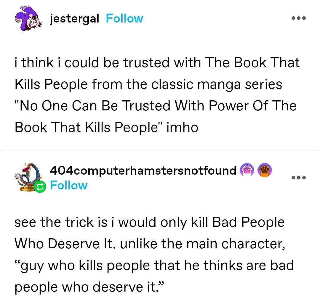A screenshot of a social media thread shows a user claiming they could be trusted with a fictional book that kills people…