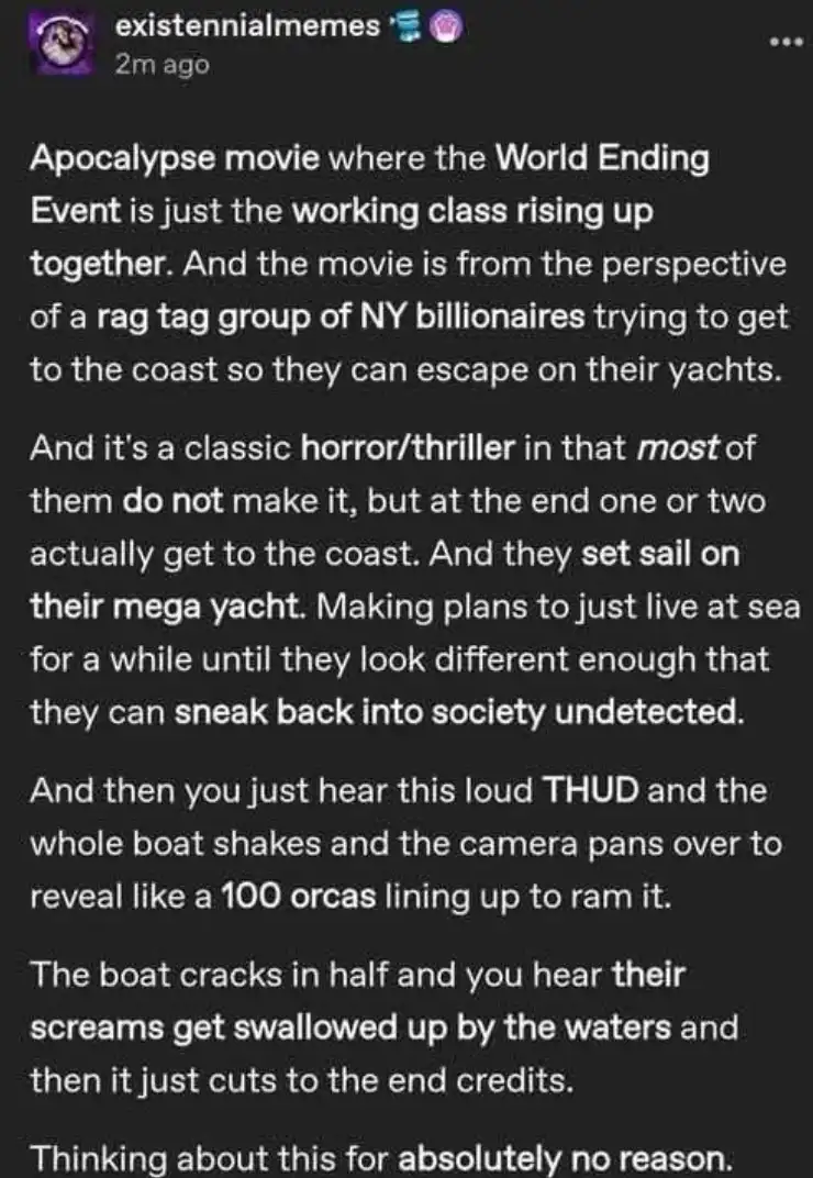 The image is a screenshot of a social media post with white text on a black background. The text describes a fictional…