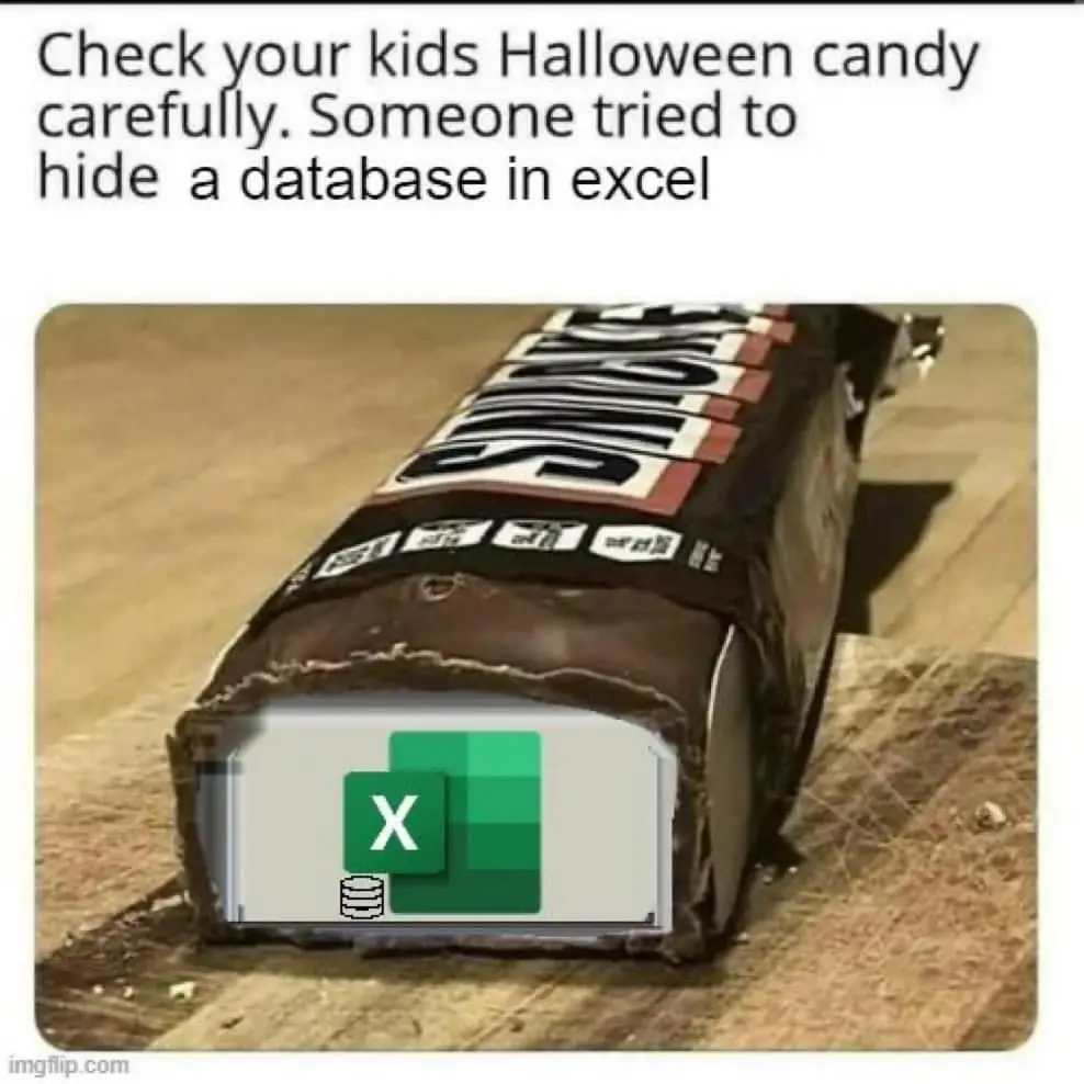 A broken-open Halloween candy bar, resembling a Snickers, has its interior replaced with a pixelated Excel application icon…