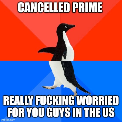 An image of an adélie penguin walking against a red and blue background. The top text reads 'CANCELLED PRIME' and the bottom…