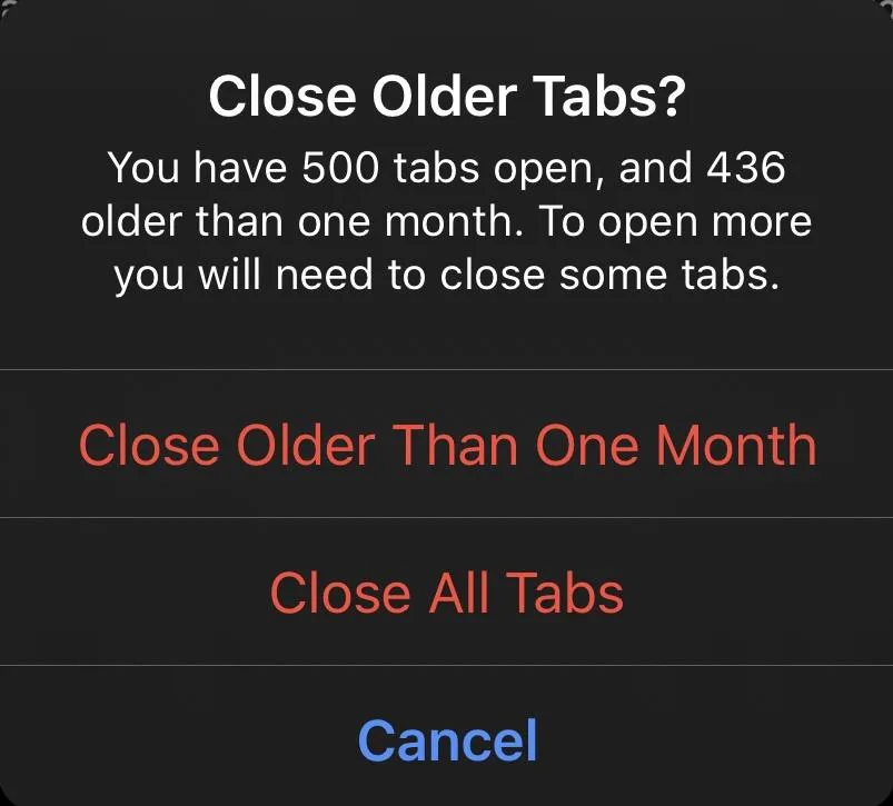 A screenshot of a browser's tab management dialog box on a dark background, warning the user they have 500 tabs open, 436 of…