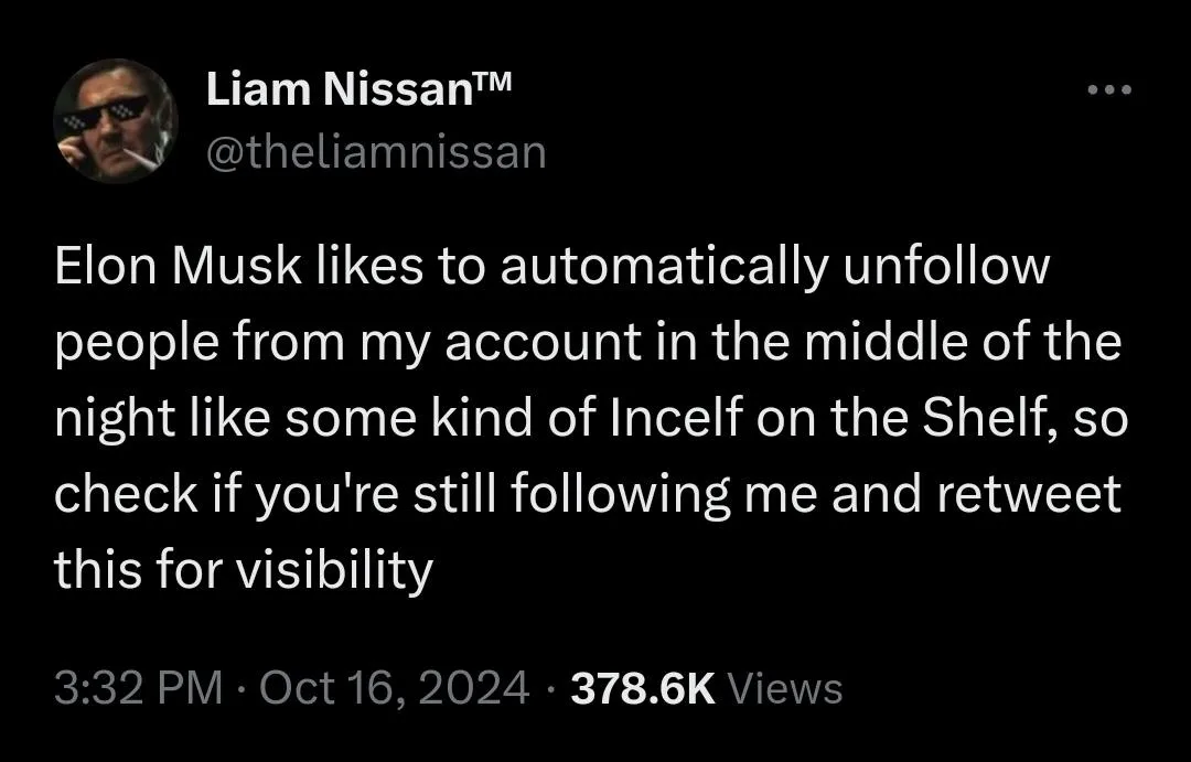 A screenshot of a tweet by Liam Nissan™ (@theliamnissan) with a black background and white text. The tweet humorously claims…