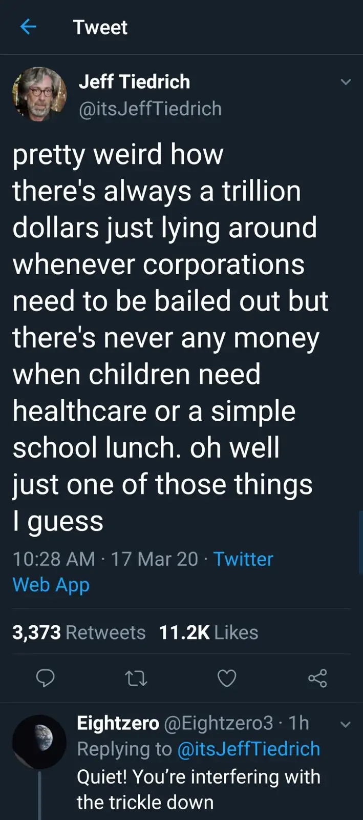A screenshot of a Twitter thread shows Jeff Tiedrich's tweet lamenting the disparity between bailouts for corporations and…
