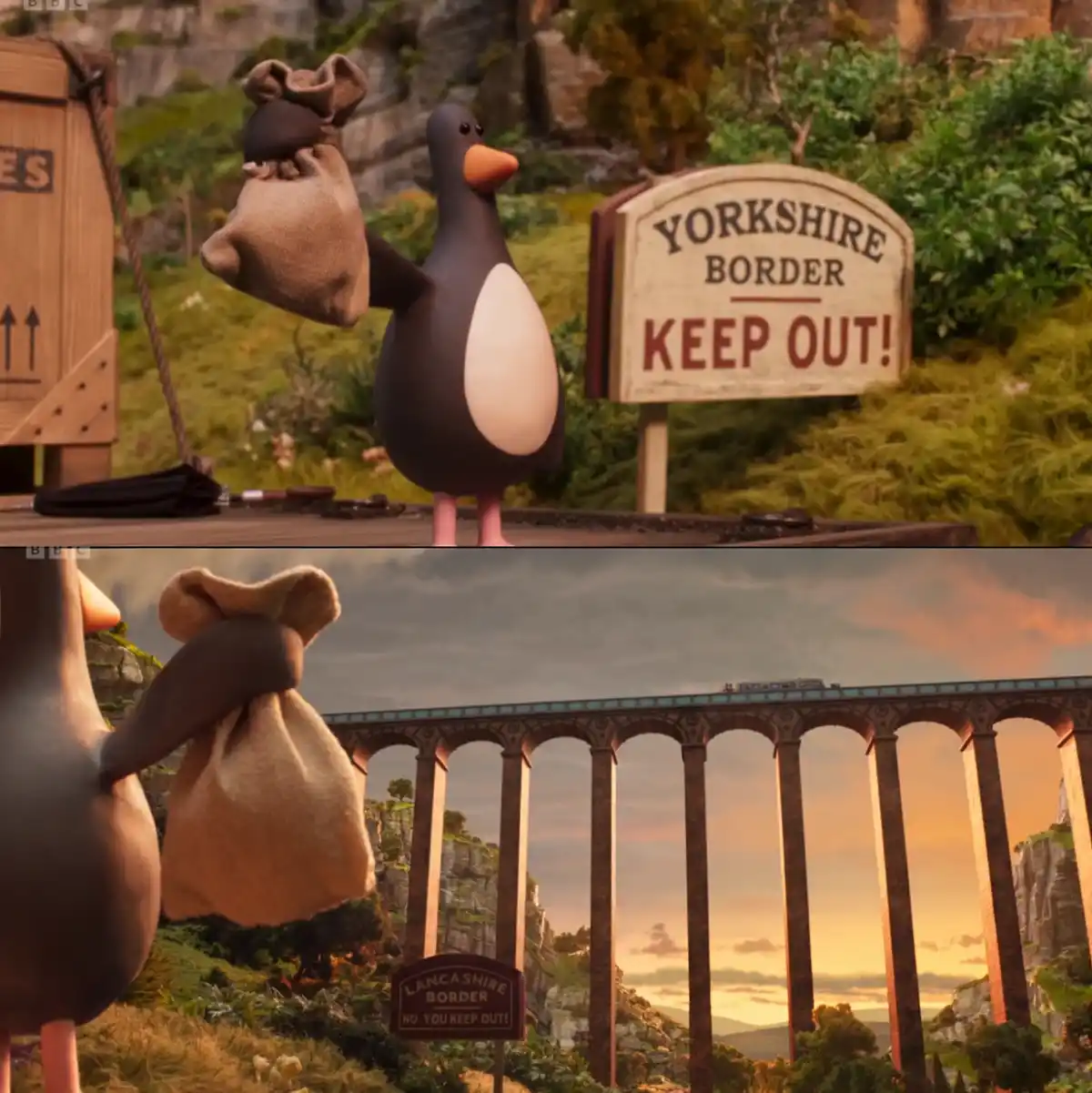A penguin from the TV show 'Pingu' holds a sack while standing before a sign that reads 'YORKSHIRE BORDER KEEP OUT!'. In the…