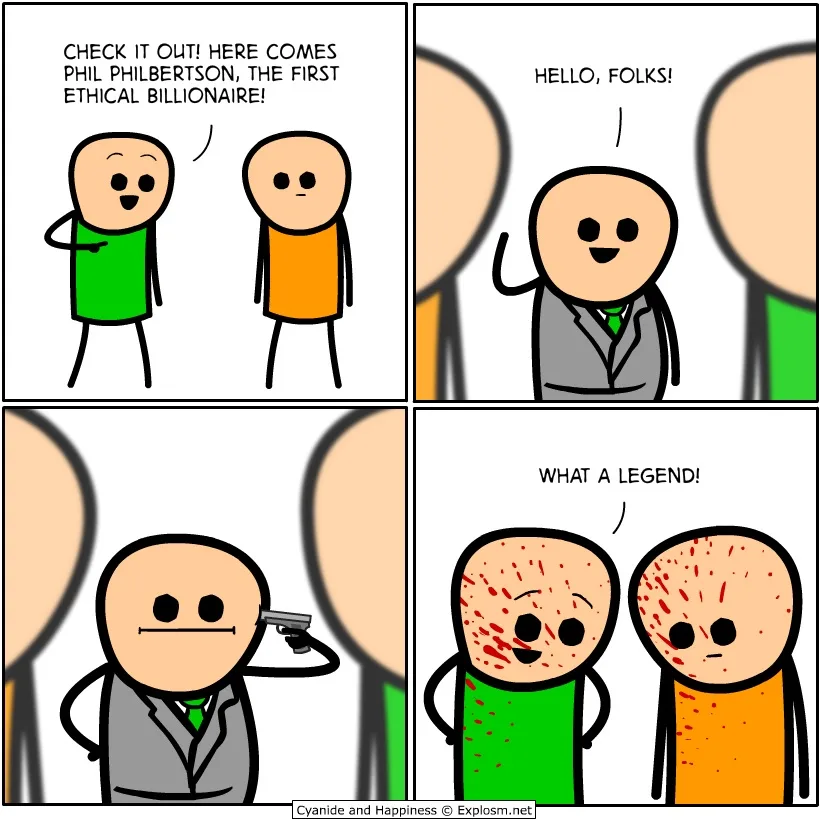 A four-panel comic strip featuring simple stick-figure characters. In the first panel, two figures introduce 'Phil…