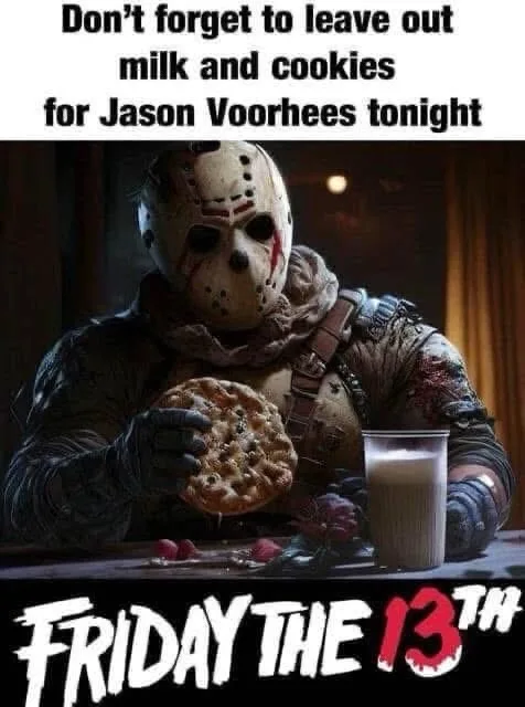 A menacing Jason Voorhees from Friday the 13th, wearing his iconic hockey mask and tattered clothing, is seated at a table…