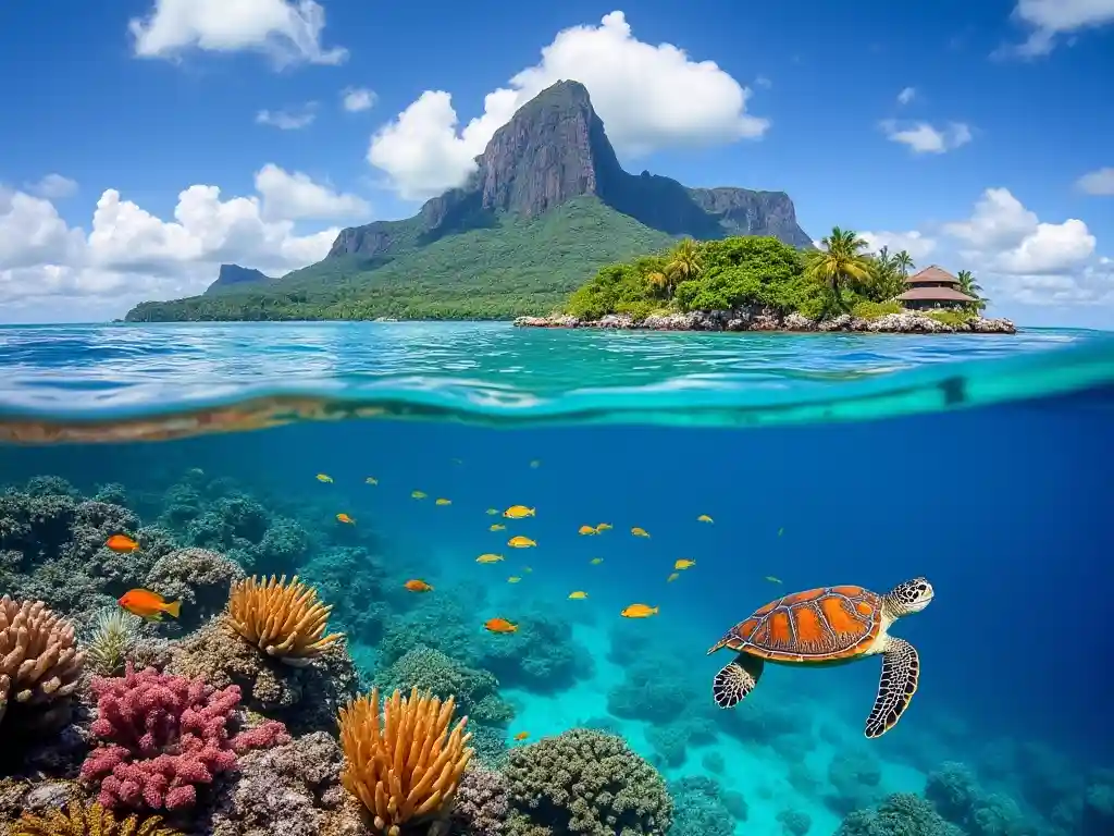 A split-level tropical scene shows a lush island with a mountain and resort above water, and a vibrant coral reef with a sea…