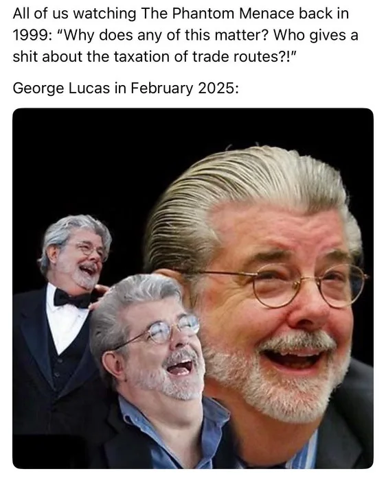 The image features three progressively larger, overlapping photos of George Lucas smiling and laughing, set against a black…
