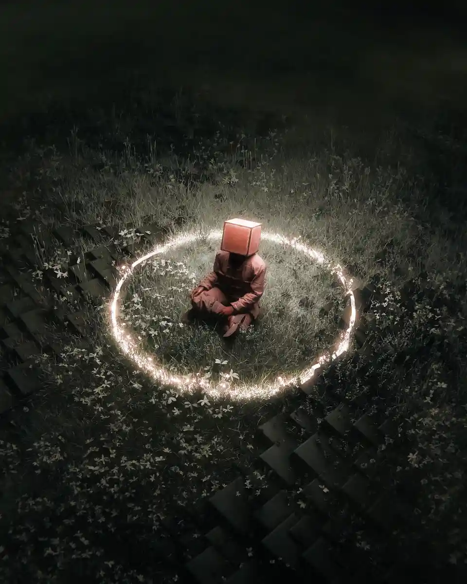 A person wearing a glowing red cube for a head sits cross-legged in a grassy field at night, surrounded by a glowing…