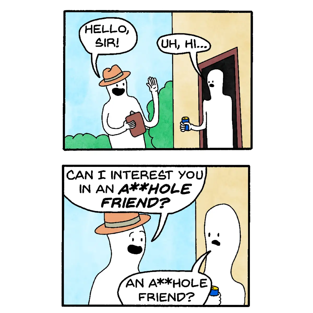 Two cartoon ghosts interact in a two-panel comic. In the top panel, a ghost in a hat and holding a clipboard greets another…