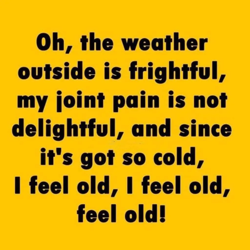 A solid yellow background with bold black text that reads: 'Oh, the weather outside is frightful, my joint pain is not…