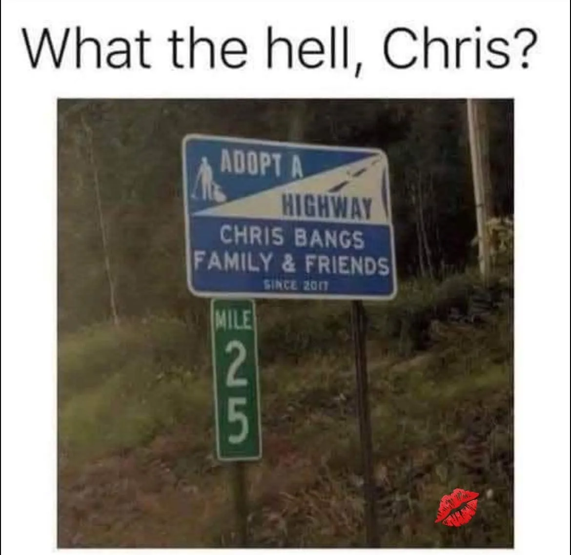 A roadside 'Adopt a Highway' sign reads 'CHRIS BANGS FAMILY & FRIENDS SINCE 2017', humorously implying Chris Bangs is…