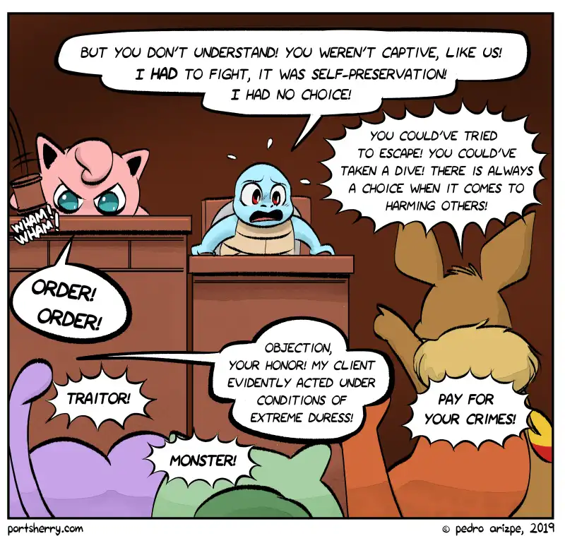 A courtroom comic strip featuring Pokémon characters: a blue Squirtle sits in the witness stand, passionately defending…