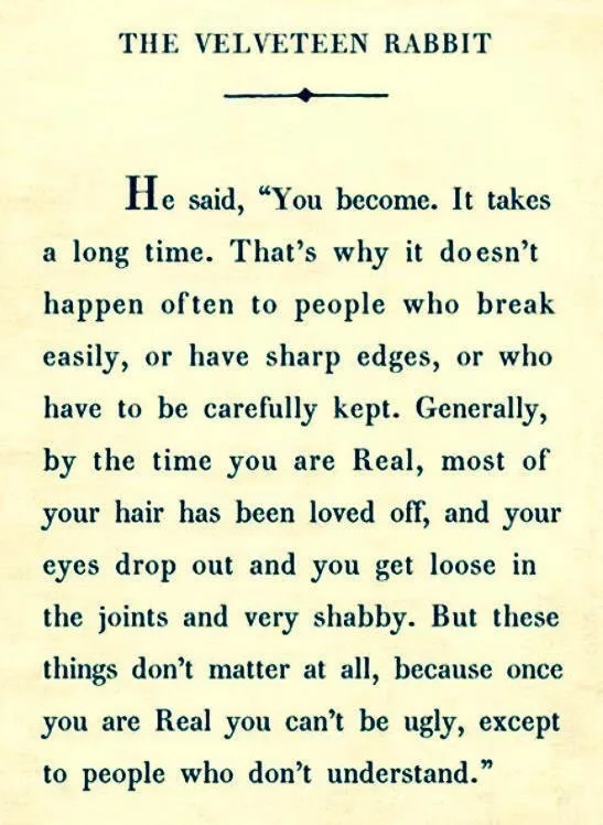 An image of a vintage-style printed page titled 'THE VELVETEEN RABBIT' showing a passage from the story where a character…