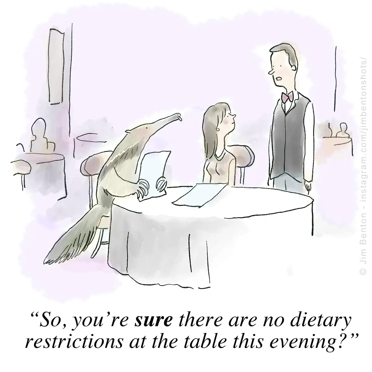 A cartoon depicts a dining scene where a woman sits at a table with a large anteater, while a waiter stands nearby. The…