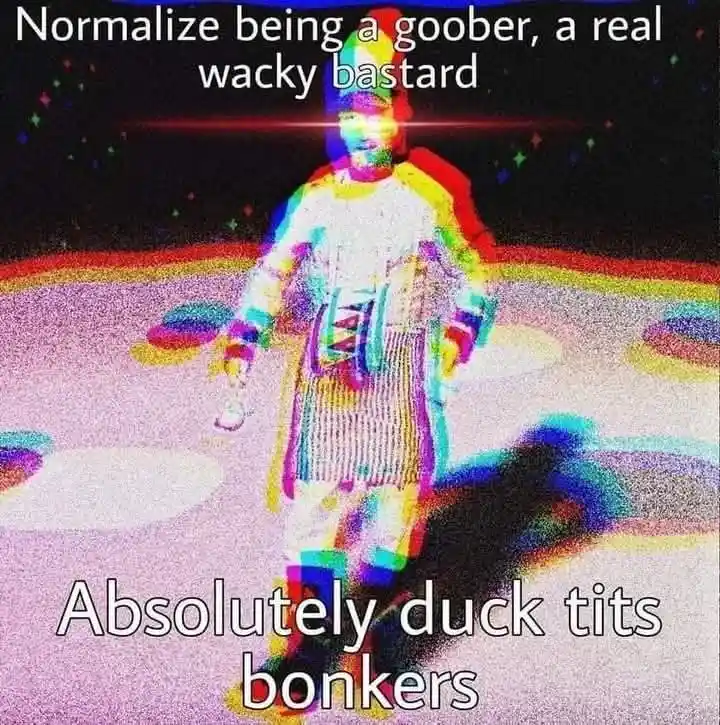 A heavily distorted, rainbow-hued image of a person in what appears to be a space suit standing on a colorful, abstract…