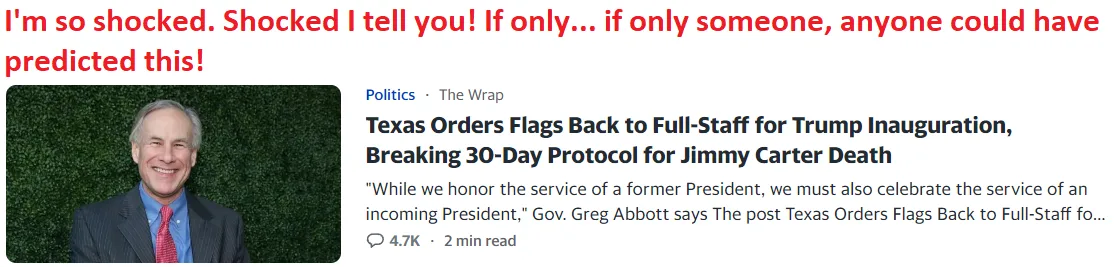A screenshot of a news article from 'The Wrap' with the headline 'Texas Orders Flags Back to Full-Staff for Trump…
