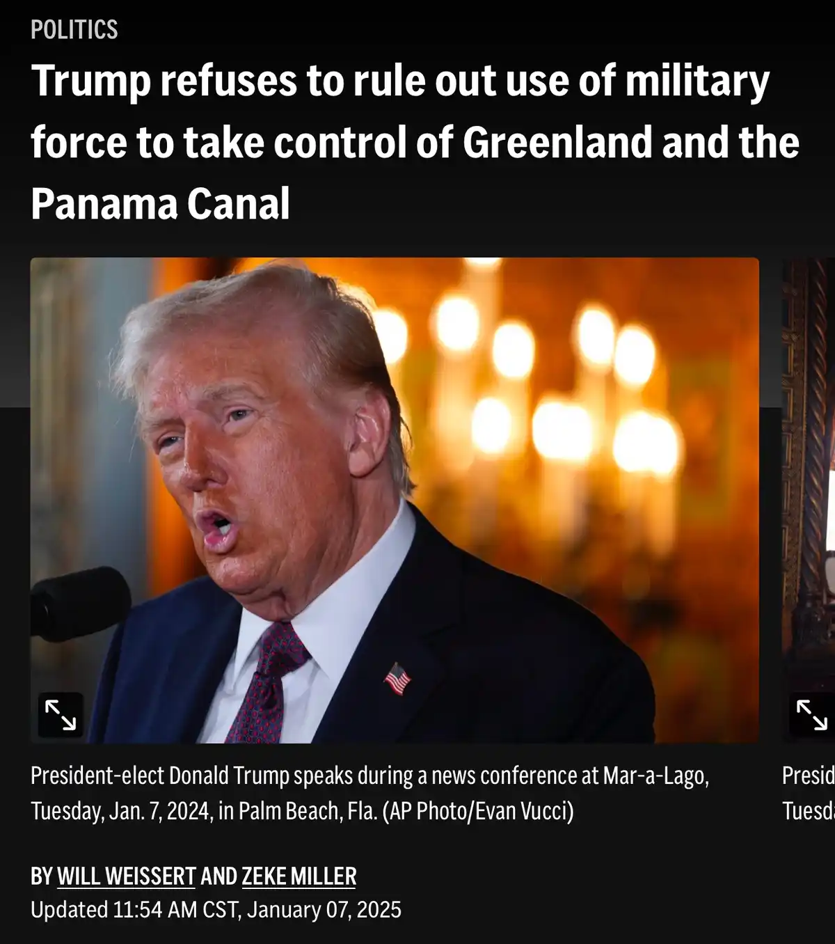 A news article screenshot shows a photo of Donald Trump speaking at a microphone, with a blurred chandelier in the…