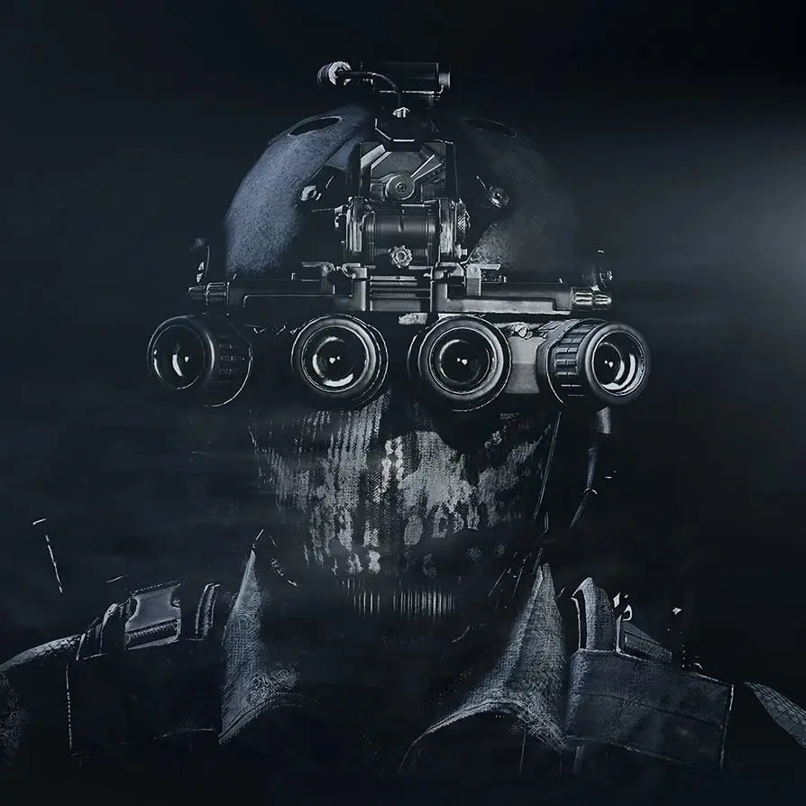 A dark, gritty image shows a soldier in tactical gear with a heavily modified, multi-lens camera mounted over their eyes…
