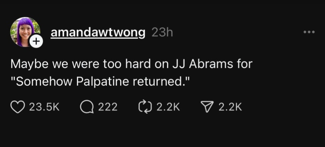 A screenshot of a social media post by user 'amandawtwong' showing a comment that reads 'Maybe we were too hard on JJ Abrams…