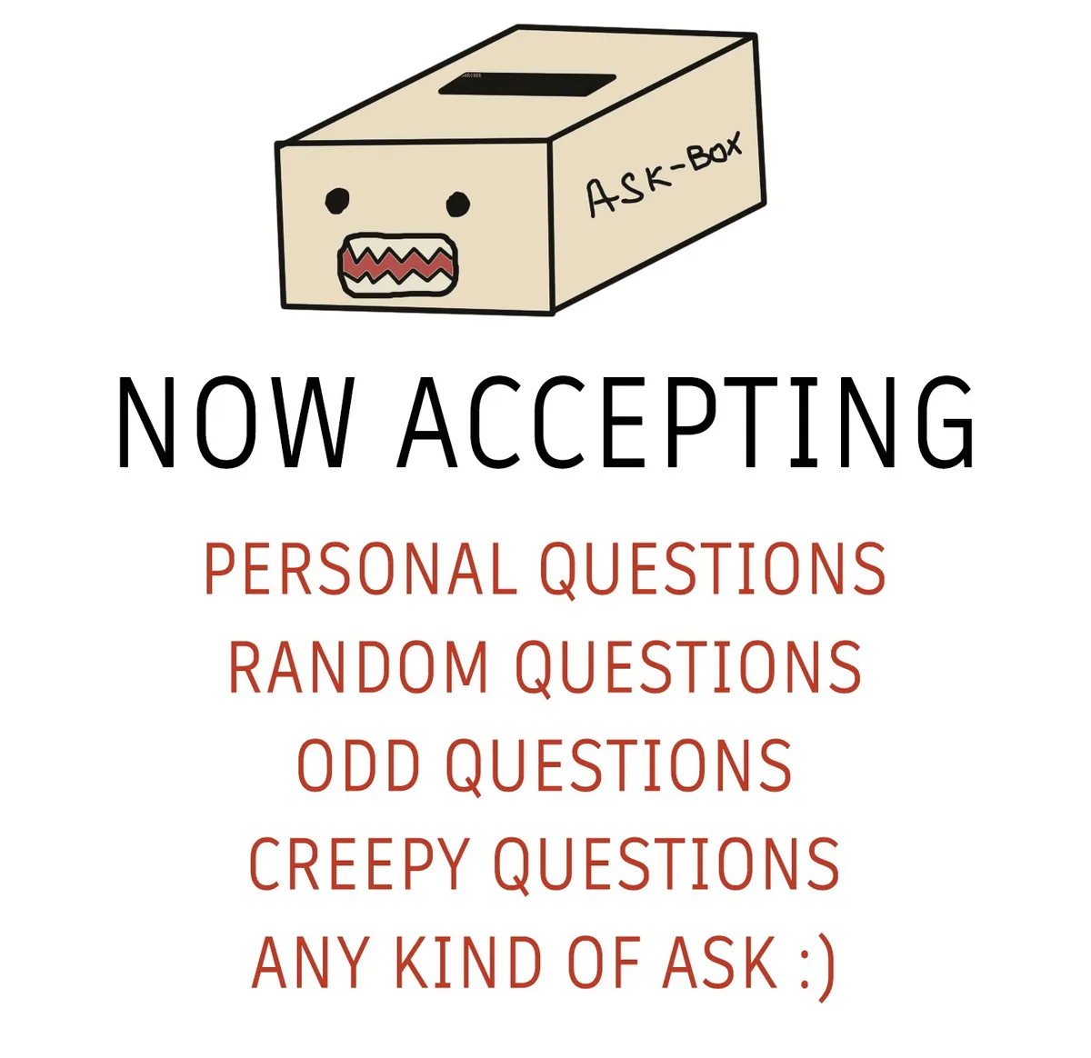 A beige cardboard box with a slot on top and a cartoonish face drawn on it, labeled 'ASK-BOX'. Below the box, bold text…