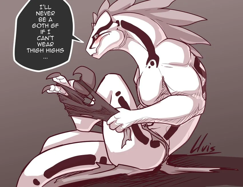 An anime-style anthropomorphic dragon with spiky hair and a muscular build is sitting on the floor, struggling to put on a…