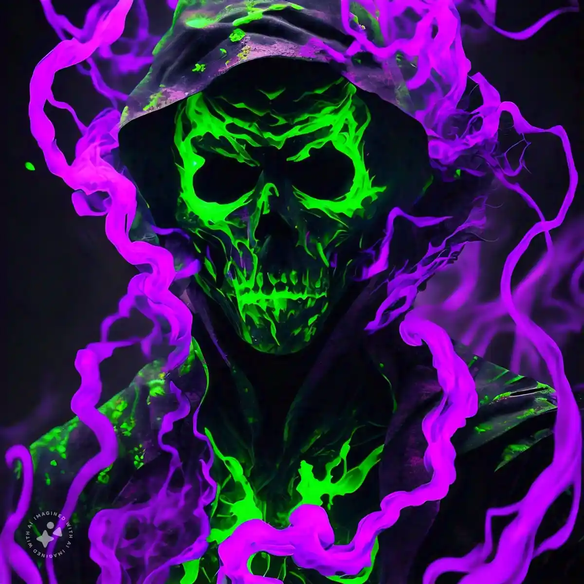 A stylized, glowing green skull wearing a dark hood, surrounded by swirling purple energy or smoke against a black…