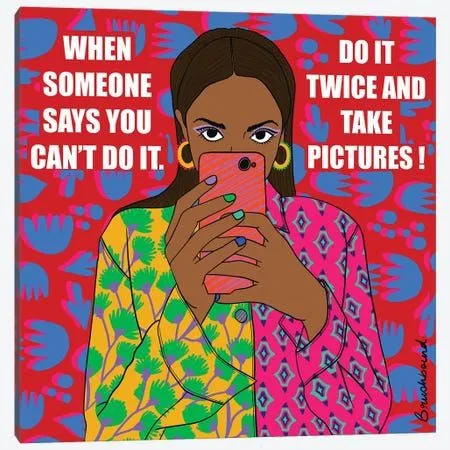 A stylized illustration of a woman with dark skin and brown hair taking a selfie with a pink phone. She wears a colorful…