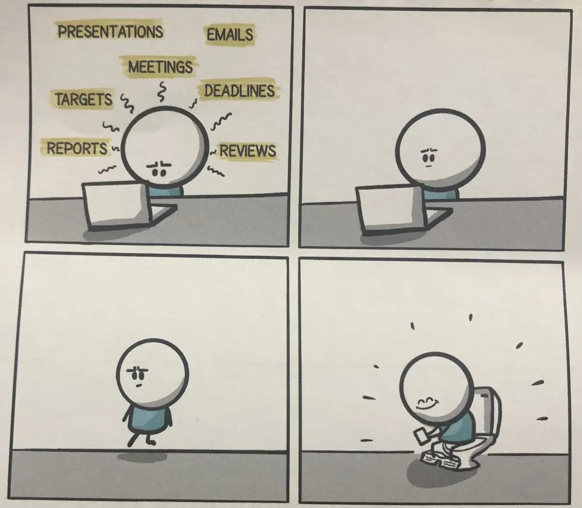 A four-panel comic shows a round-headed cartoon character overwhelmed by work tasks like presentations, emails, meetings…