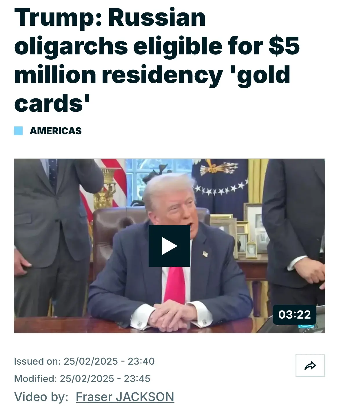 A screenshot of a news article header showing a video thumbnail of Donald Trump seated at a desk in an office, with a play…