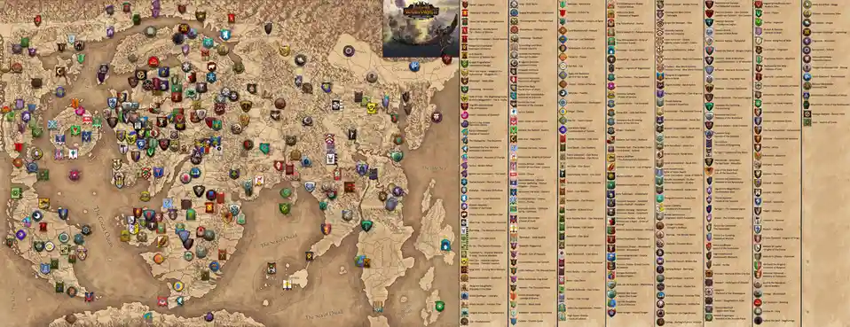 A detailed fantasy map from 'Total War: Warhammer - Immortal Empires Expanded' shows a vast continent covered in numerous…