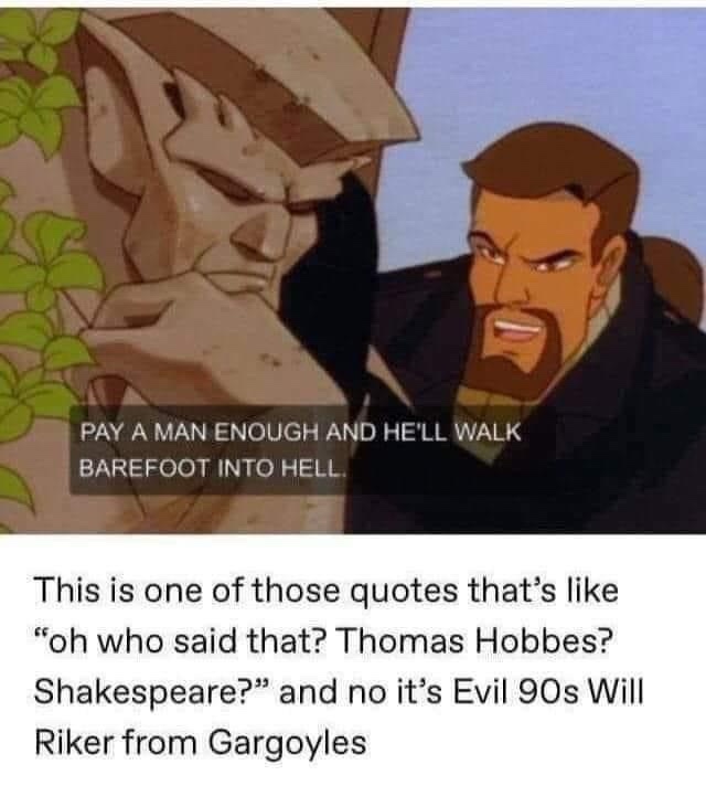 An animated scene from 'Gargoyles' shows a man with a beard and intense expression standing beside a stone gargoyle statue…