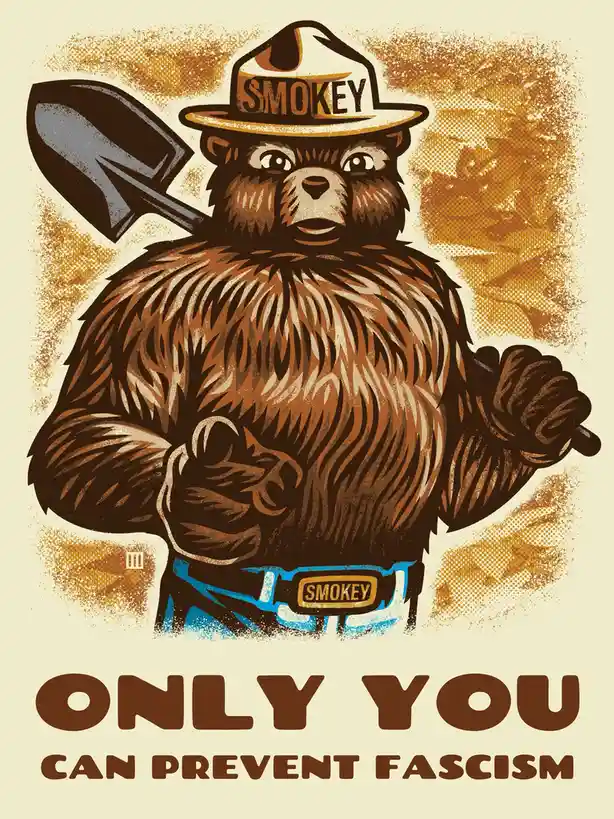 A stylized illustration of Smokey Bear, the iconic forest fire prevention mascot, wearing his signature hat and belt with…