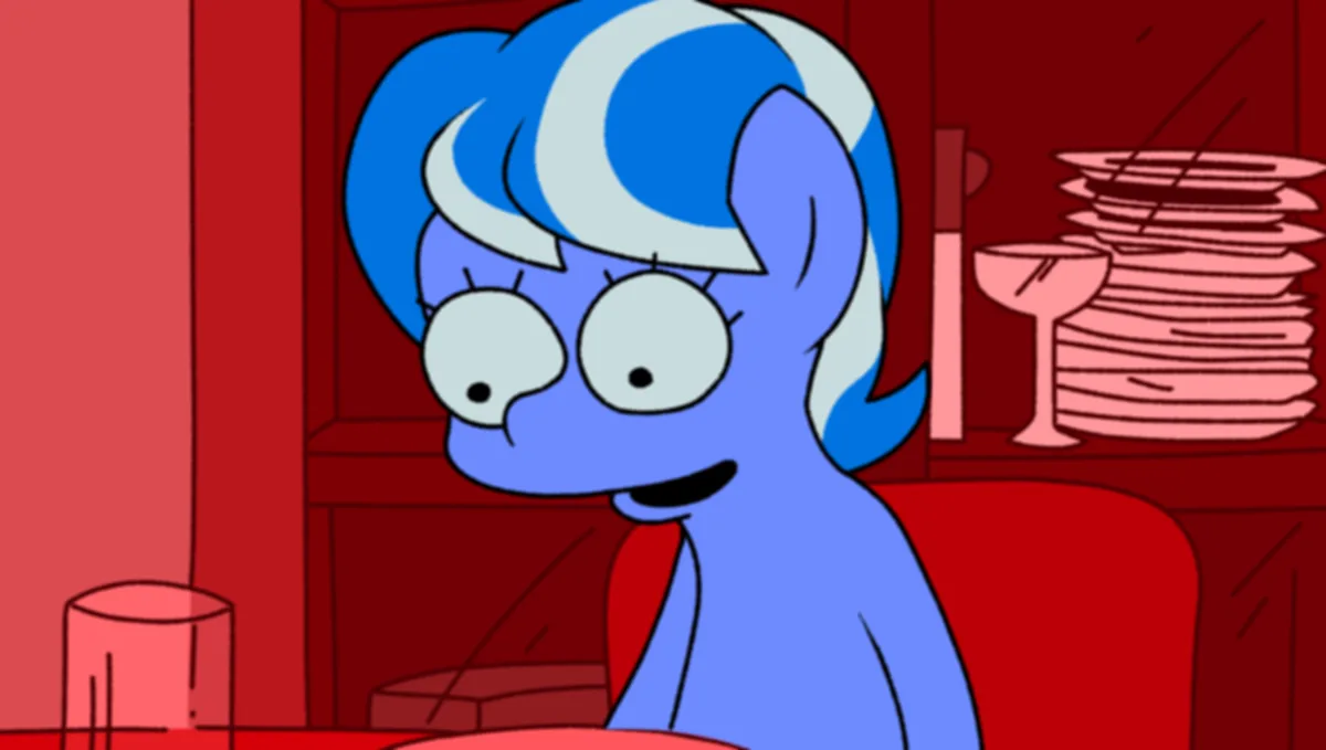 A blue cartoon pony with white streaks in her hair and large eyes sits at a red table, looking slightly annoyed or…