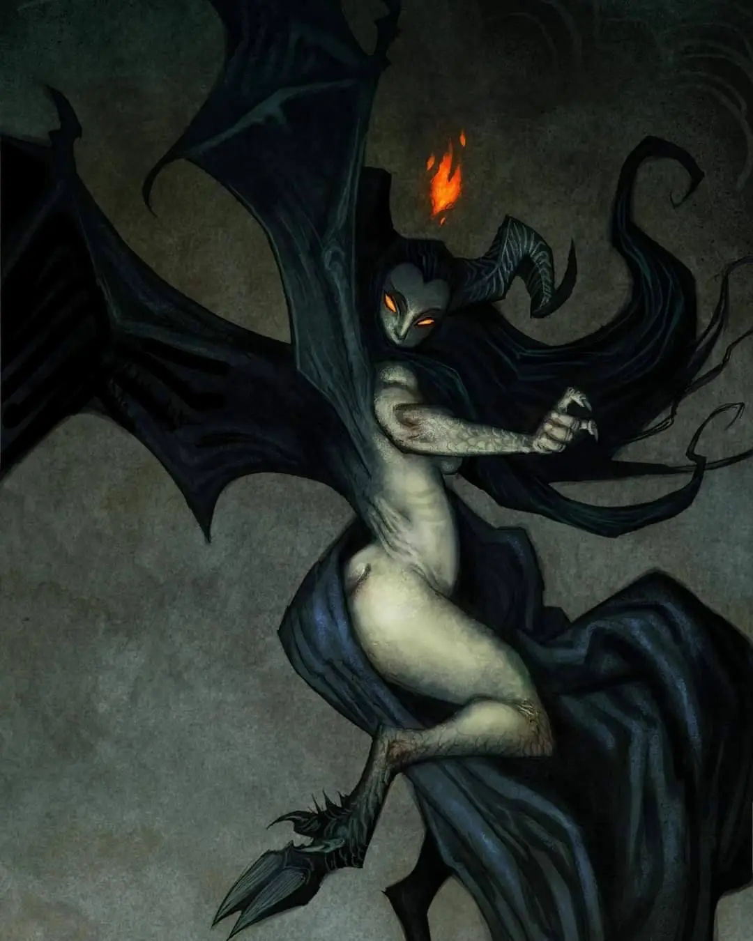 A dark fantasy illustration depicts a demonic figure with bat-like wings, glowing orange eyes, horns, and a fiery flame…